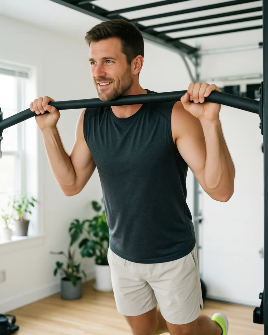 AI-generated image: a fit man in a dark tank top doing a pull-up on a bar at home, looking toward the headline